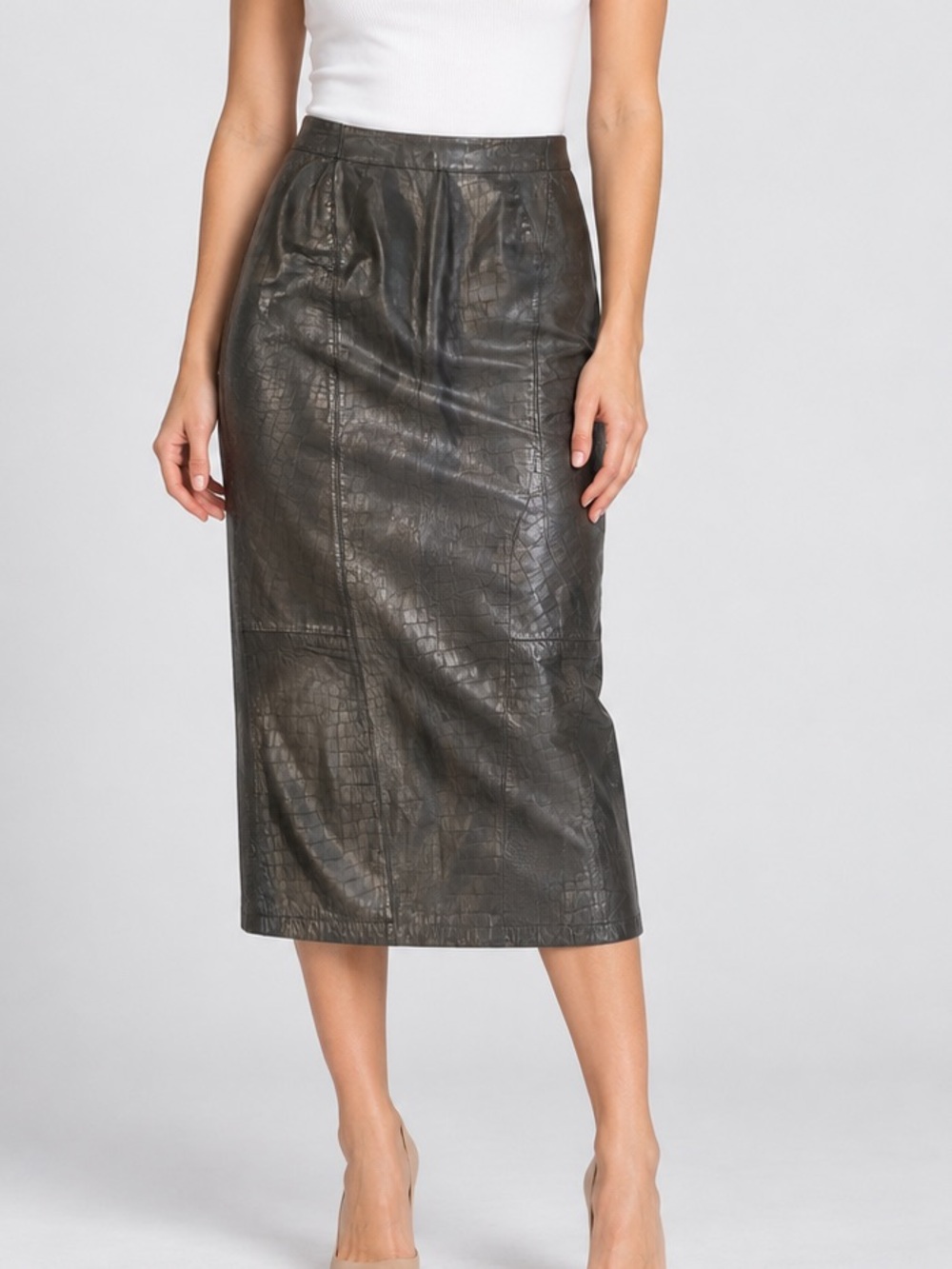 Toffs vintage Genuine Leather Croc Embossed Midi Pencil Skirt Size 8